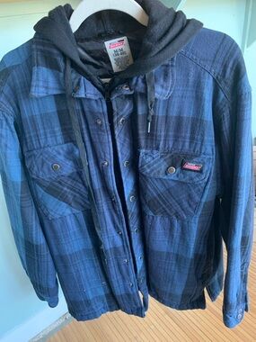 Dickies Navy and Black Plaid Lightweight Hooded Shirt Jacket medium 38/40